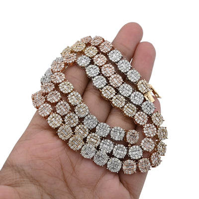 7MM 10k 3 - Tone Gold 18.95CTW Round/Baguette 45.6gms Diamond Cluster Tennis Chain - Elite Jewelers - Necklaces & Chains