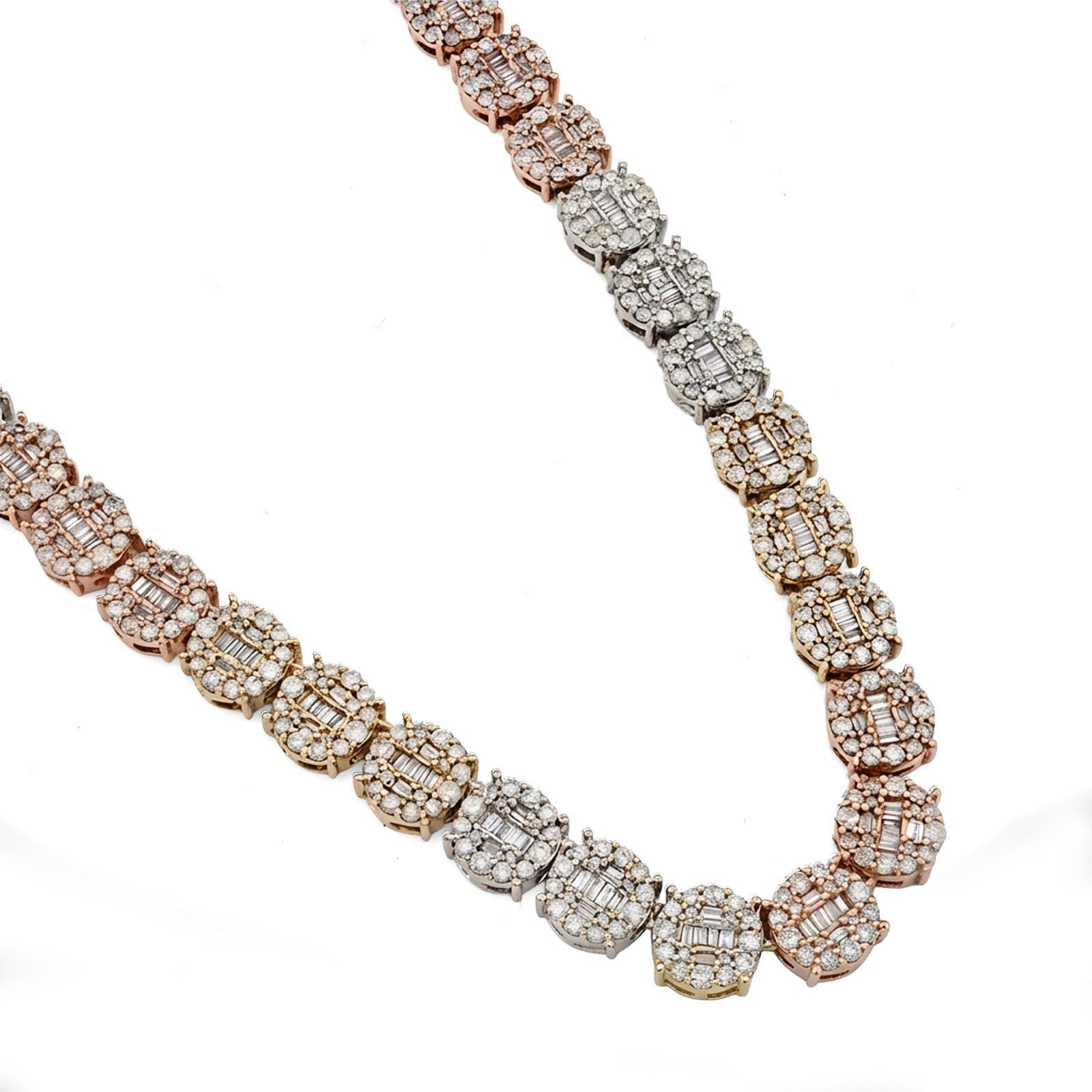 7MM 10k 3 - Tone Gold 18.95CTW Round/Baguette 45.6gms Diamond Cluster Tennis Chain - Elite Jewelers - Necklaces & Chains