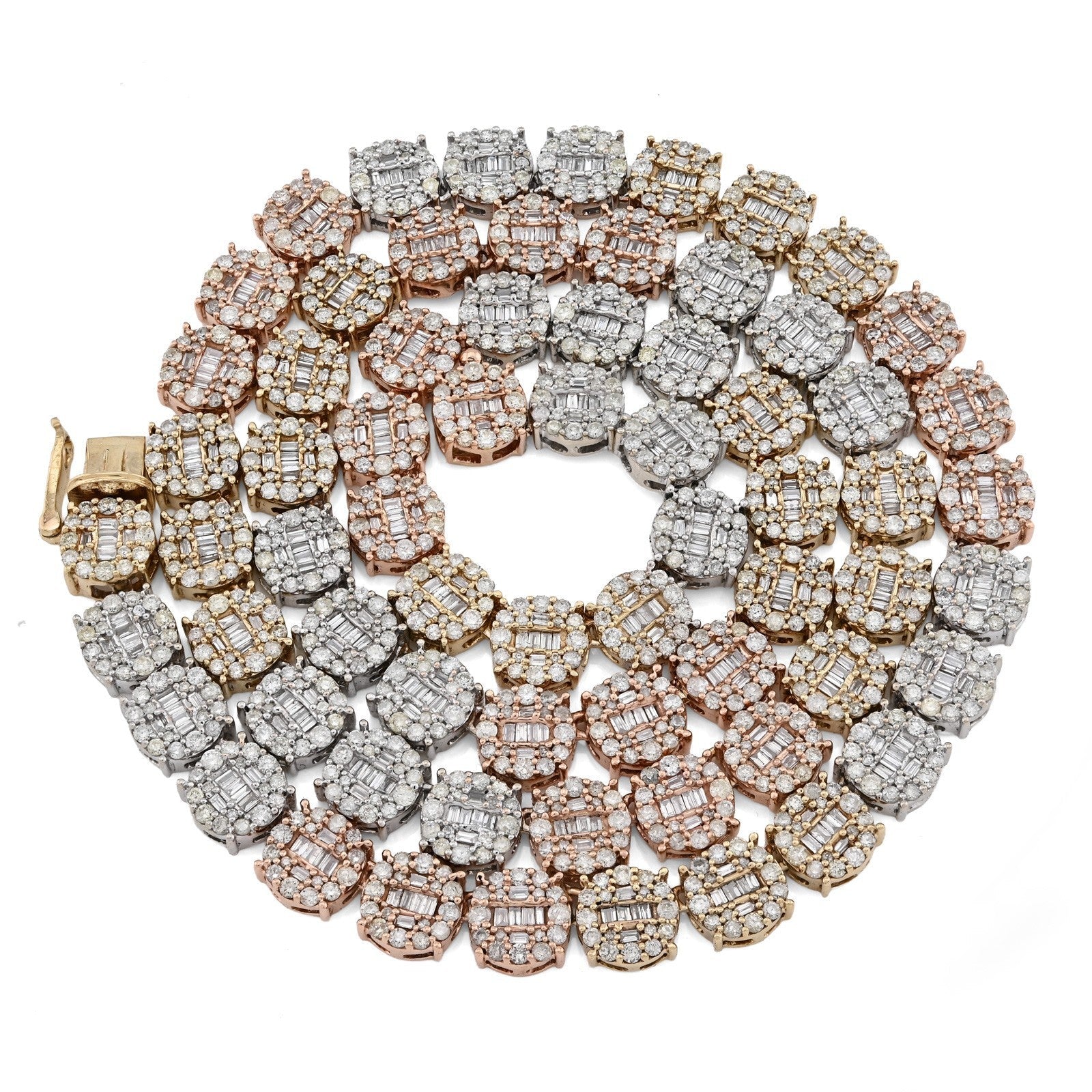 7MM 10k 3 - Tone Gold 18.95CTW Round/Baguette 45.6gms Diamond Cluster Tennis Chain - Elite Jewelers - Necklaces & Chains
