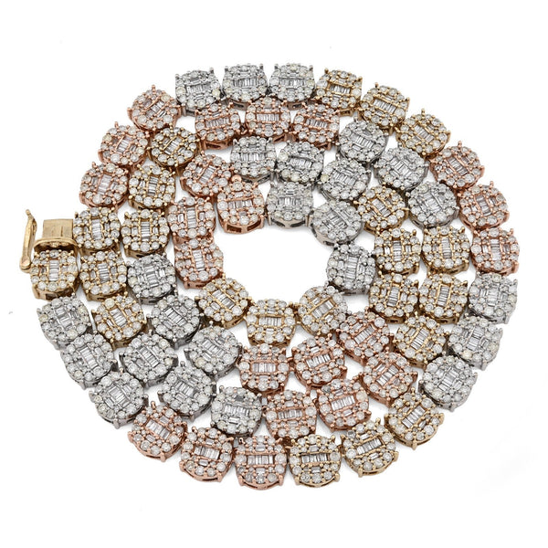 7MM 10k 3 - Tone Gold 18.95CTW Round/Baguette 45.6gms Diamond Cluster Tennis Chain - Elite Jewelers - Necklaces & Chains