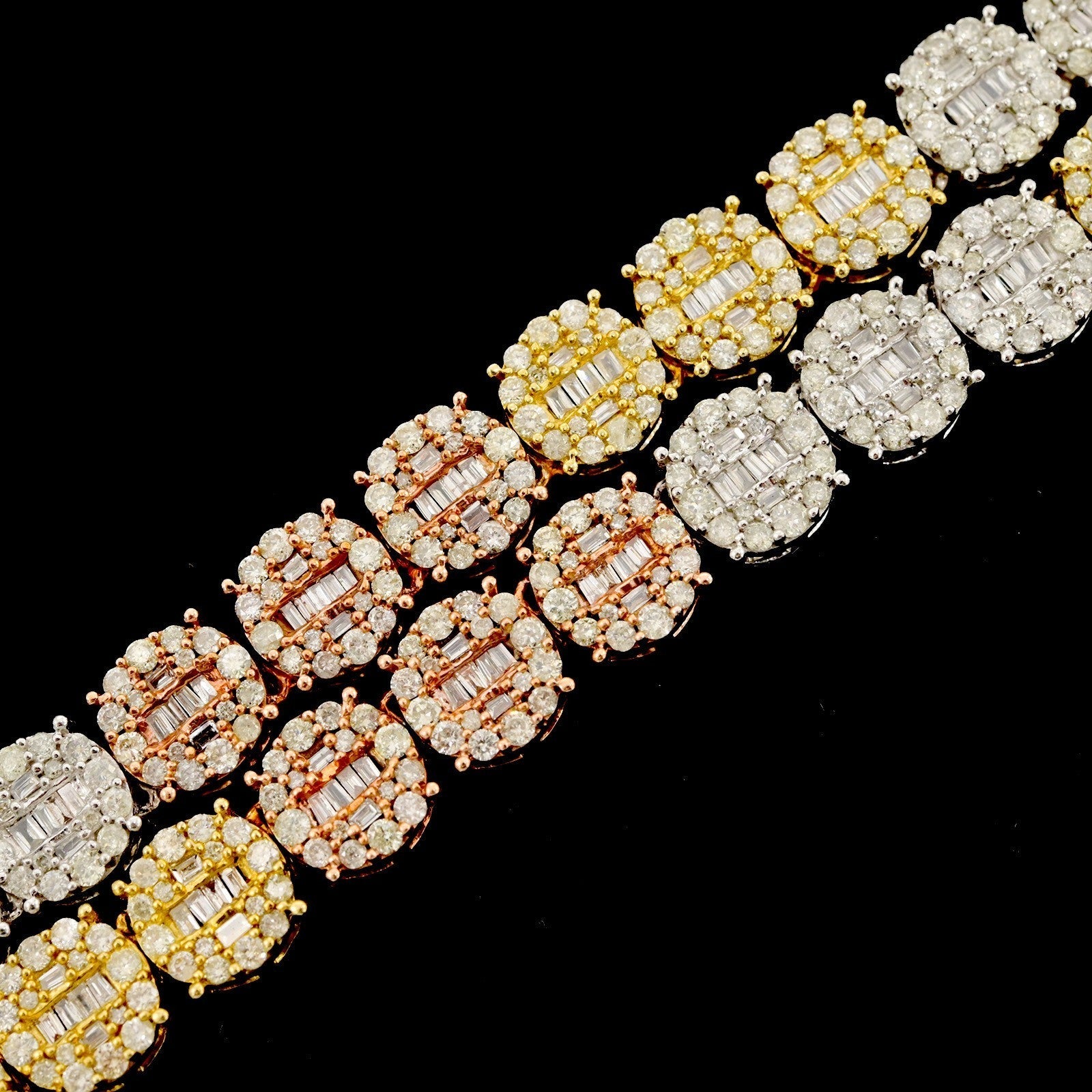 7MM 10k 3 Tone Gold 20 Inch 16CTW Round/Baguette Diamond Tennis Chain 47.1gms - Elite Jewelers - Necklaces & Chains