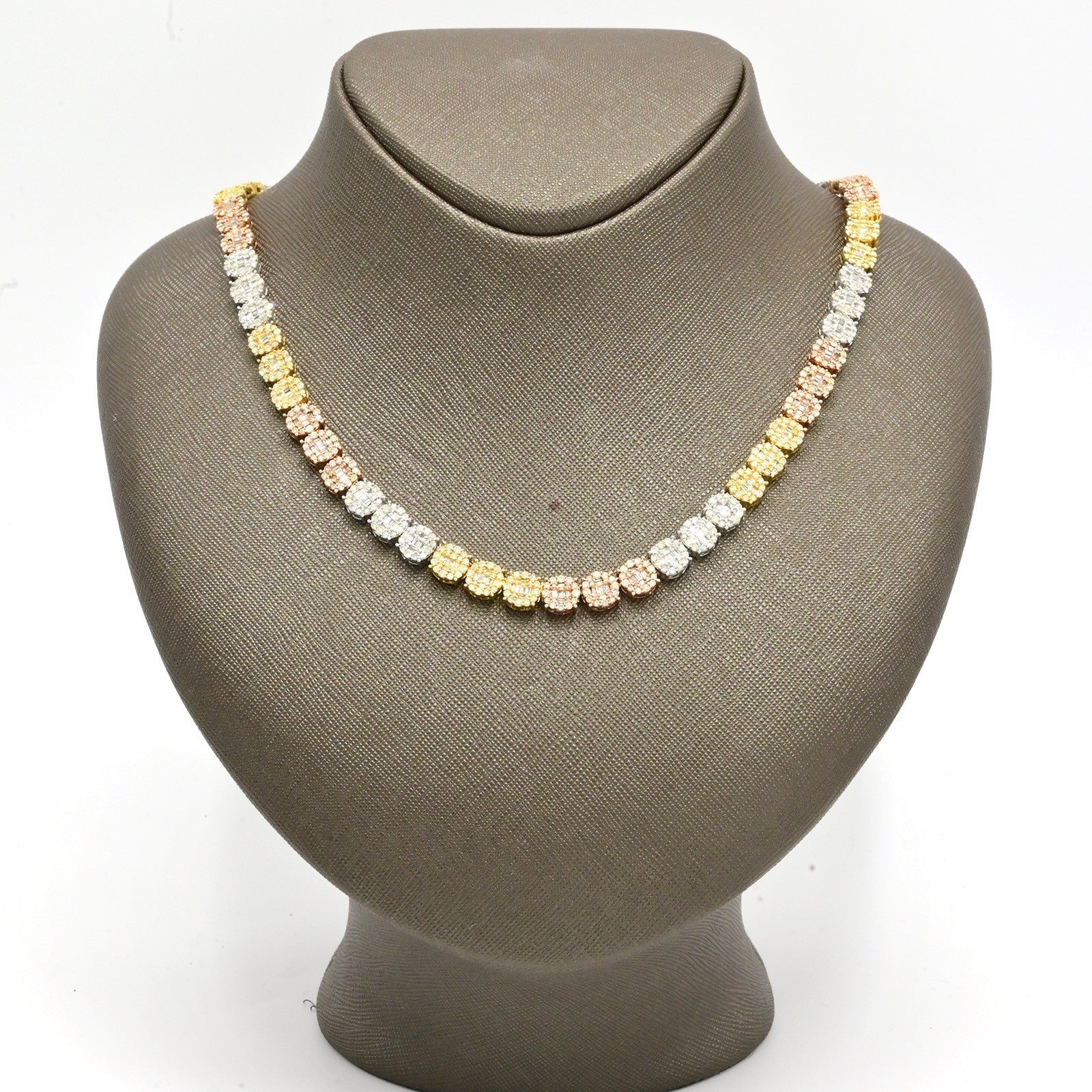 7MM 10k 3 Tone Gold 20 Inch 16CTW Round/Baguette Diamond Tennis Chain 47.1gms - Elite Jewelers - Necklaces & Chains