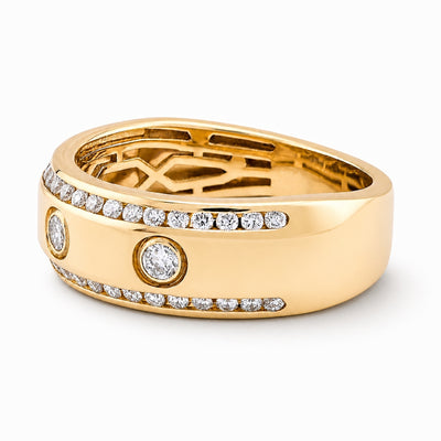 14K Yellow Gold 3 Stone Centre 2 Row Edge Lab Diamond Men Ring Band