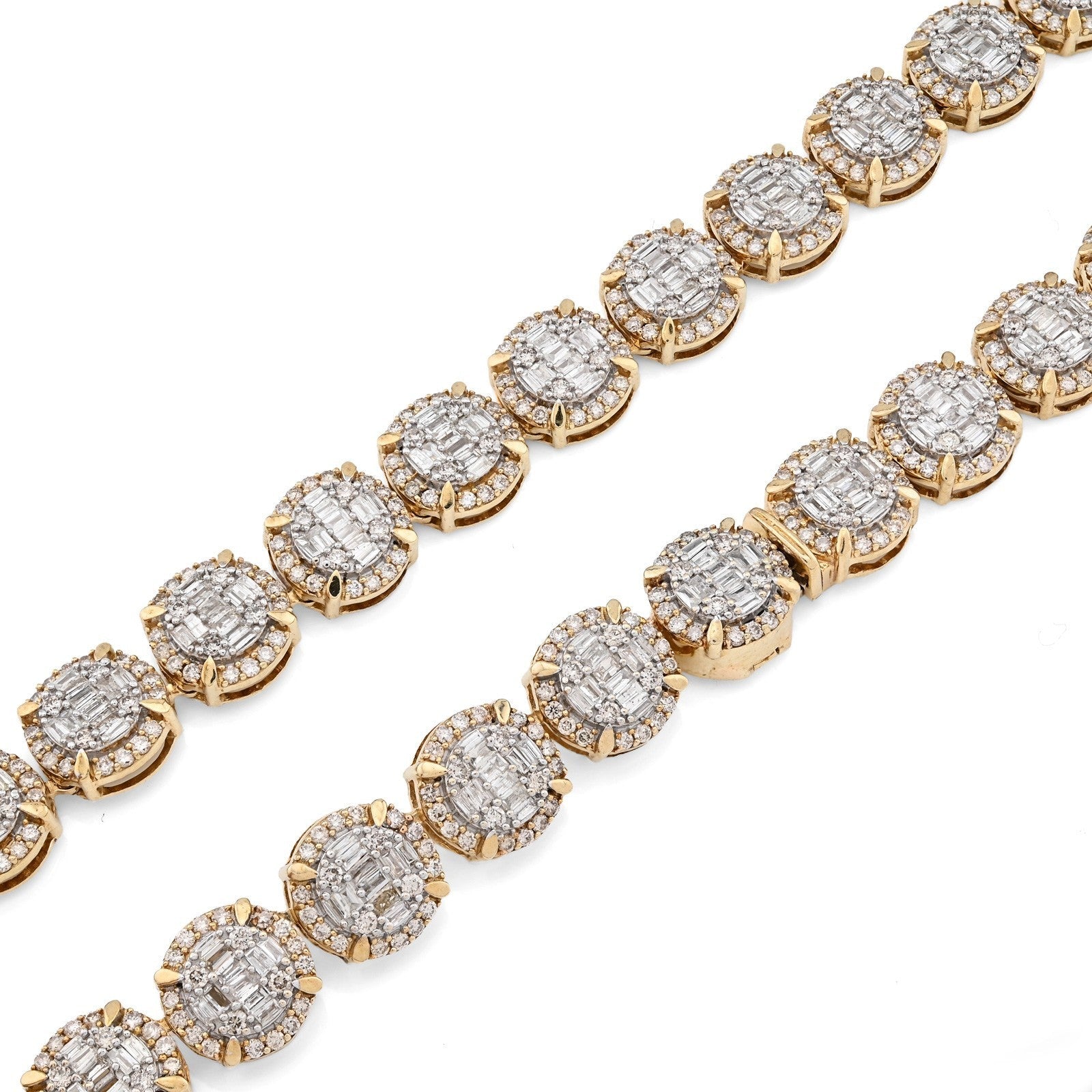 8MM 10k Yellow Gold 14CTW Baguette/Round Diamond 44.4g Iced Cluster Tennis Chain - Elite Jewelers - Necklaces & Chains