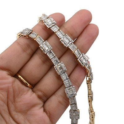 8MM 10k Yellow Gold 22CTW Baguette/Round 50gms Diamond Halo Cluster Tennis Chain - Elite Jewelers - Necklaces & Chains