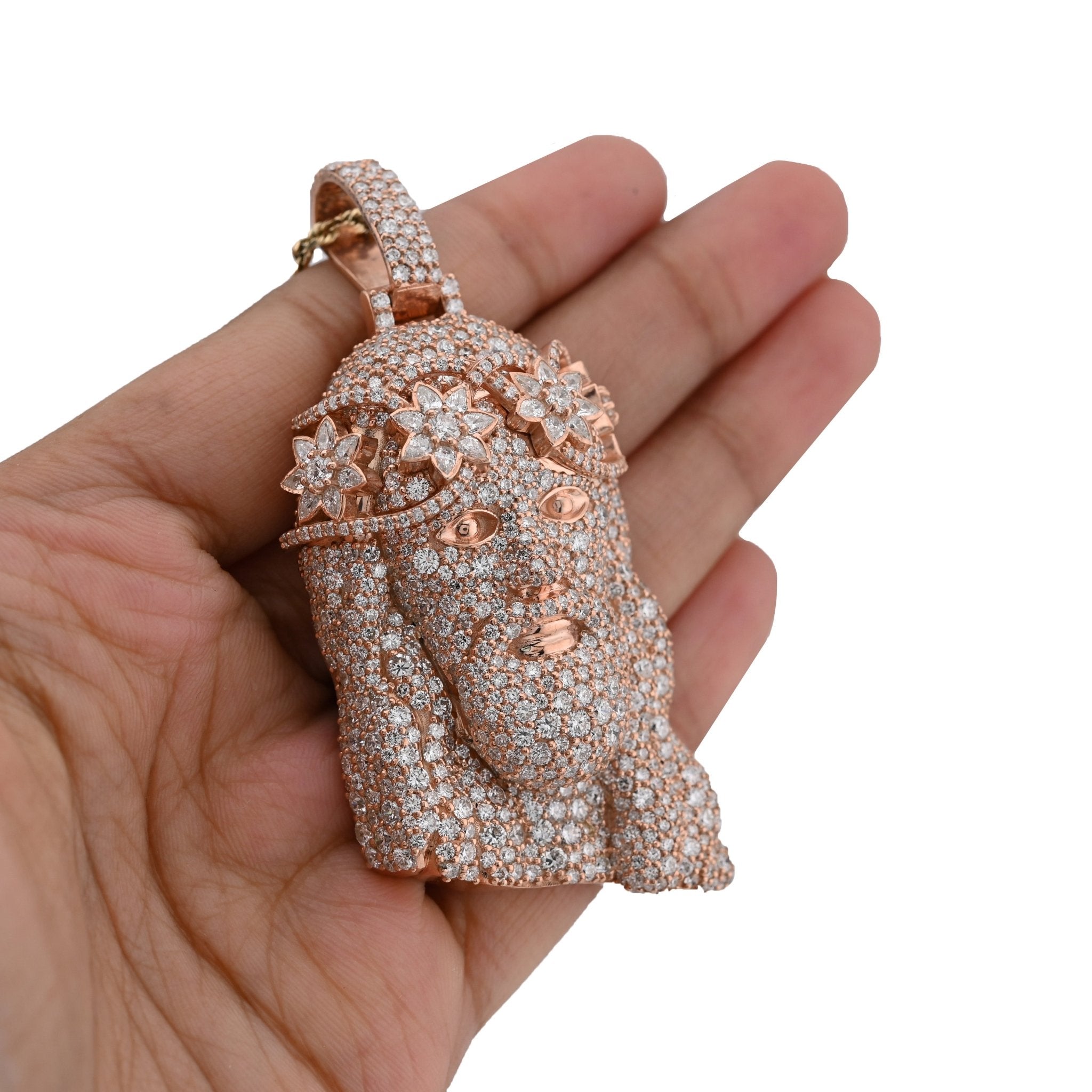 925 All Rose Jesus Head Round/Teardrop 14.76CT Lab Diamond Flower Crown 3" Pendant Men Charm - Elite Jewelers - Charms & Pendants