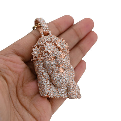 925 All Rose Jesus Head Round/Teardrop 14.76CT Lab Diamond Flower Crown 3" Pendant Men Charm - Elite Jewelers - Charms & Pendants