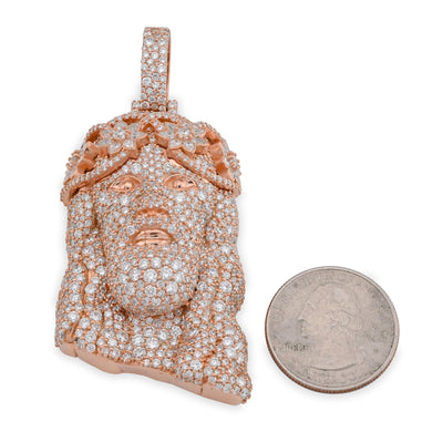 925 All Rose Jesus Head Round/Teardrop 14.76CT Lab Diamond Flower Crown 3" Pendant Men Charm - Elite Jewelers - Charms & Pendants
