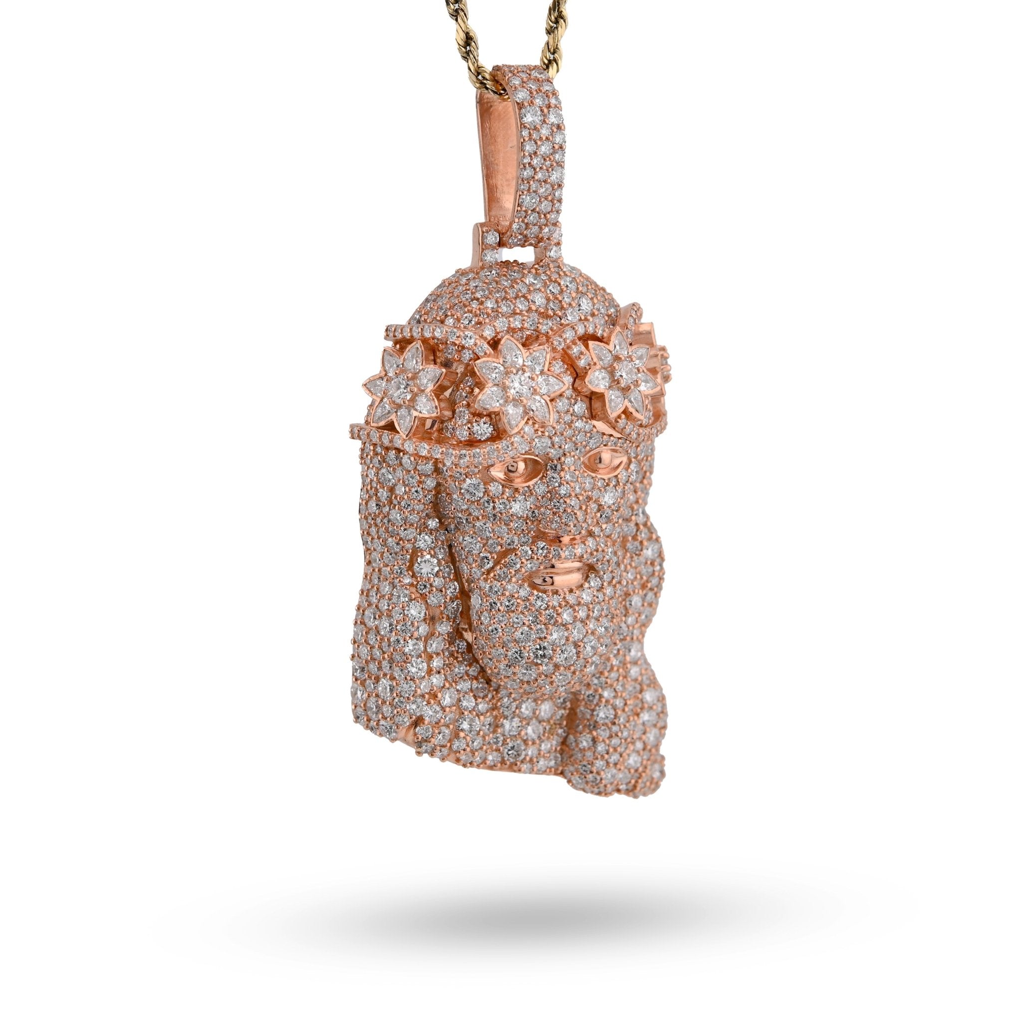 925 All Rose Jesus Head Round/Teardrop 14.76CT Lab Diamond Flower Crown 3" Pendant Men Charm - Elite Jewelers - Charms & Pendants