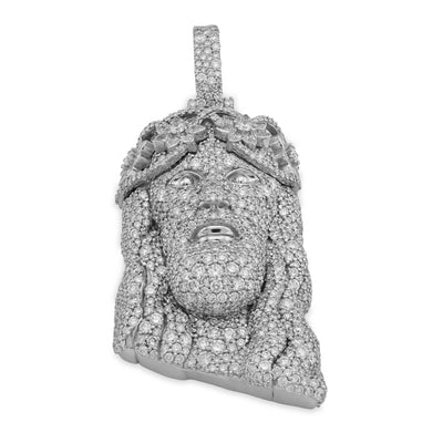 925 All White Jesus Head Round/Teardrop 14.91CT Lab Diamond Flower Crown 3" Pendant Men Charm - Elite Jewelers - Charms & Pendants