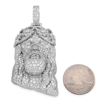 925 All White Jesus Head Round/Teardrop 14.91CT Lab Diamond Flower Crown 3" Pendant Men Charm - Elite Jewelers - Charms & Pendants