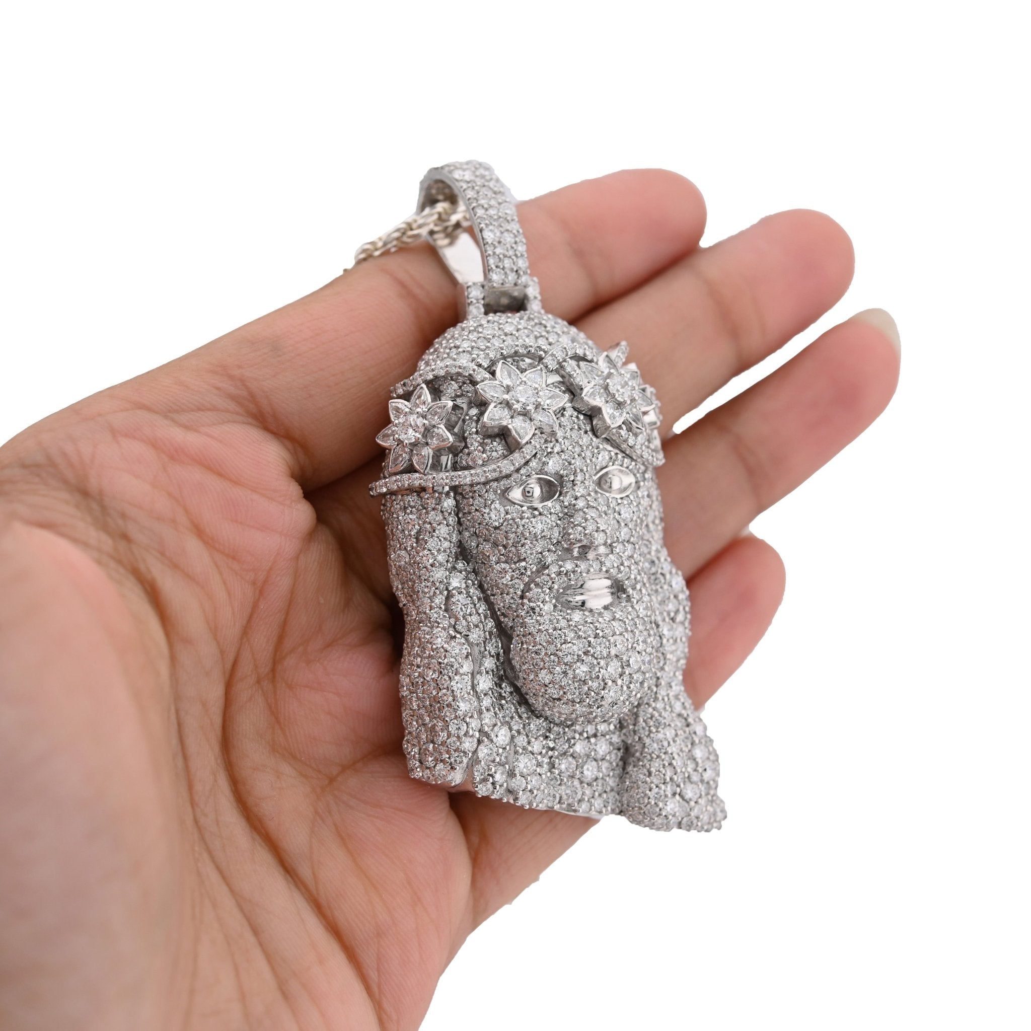 925 All White Jesus Head Round/Teardrop 14.91CT Lab Diamond Flower Crown 3" Pendant Men Charm - Elite Jewelers - Charms & Pendants