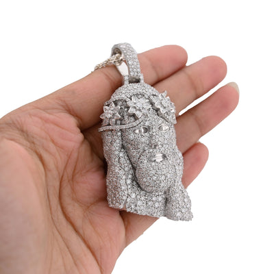925 All White Jesus Head Round/Teardrop 14.91CT Lab Diamond Flower Crown 3" Pendant Men Charm - Elite Jewelers - Charms & Pendants