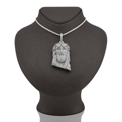 925 All White Jesus Head Round/Teardrop 14.91CT Lab Diamond Flower Crown 3" Pendant Men Charm - Elite Jewelers - Charms & Pendants
