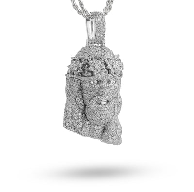 925 All White Jesus Head Round/Teardrop 14.91CT Lab Diamond Flower Crown 3" Pendant Men Charm - Elite Jewelers - Charms & Pendants