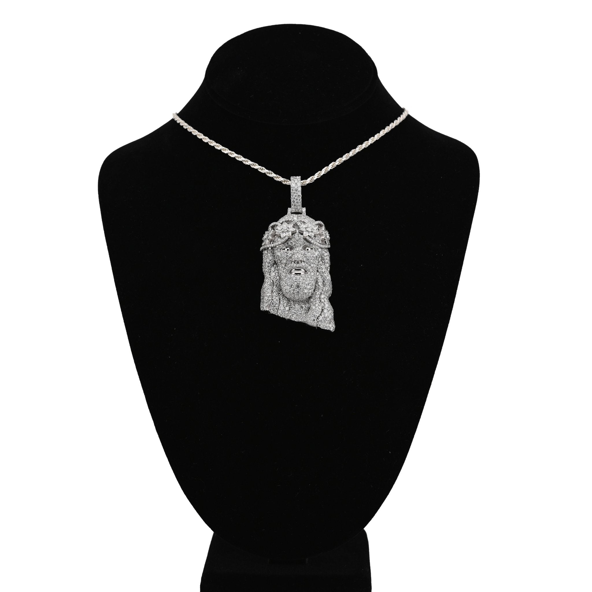 925 All White Jesus Head Round/Teardrop 14.91CT Lab Diamond Flower Crown 3" Pendant Men Charm - Elite Jewelers - Charms & Pendants