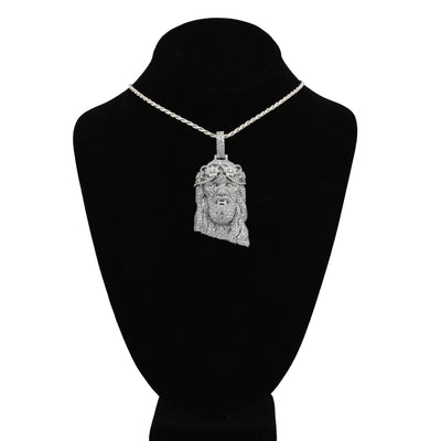 925 All White Jesus Head Round/Teardrop 14.91CT Lab Diamond Flower Crown 3" Pendant Men Charm - Elite Jewelers - Charms & Pendants