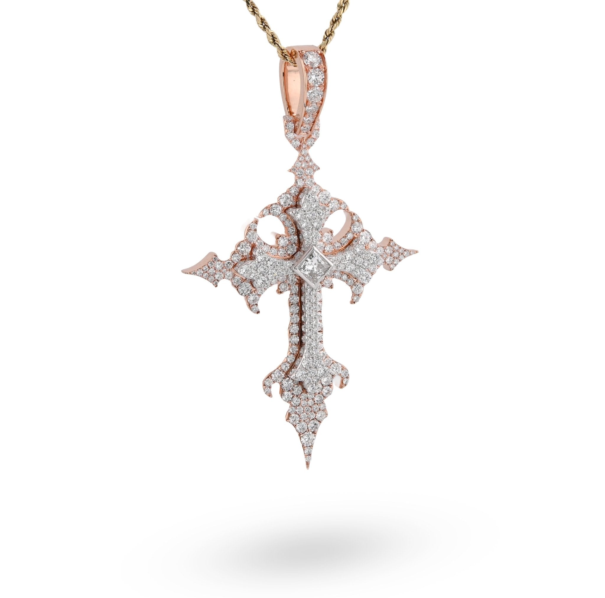 925 Rose Princess Cut Solitaire 7.83CT Lab Diamond Cross Pendant 37.6g Men 3.5" Charm - Elite Jewelers - Charms & Pendants