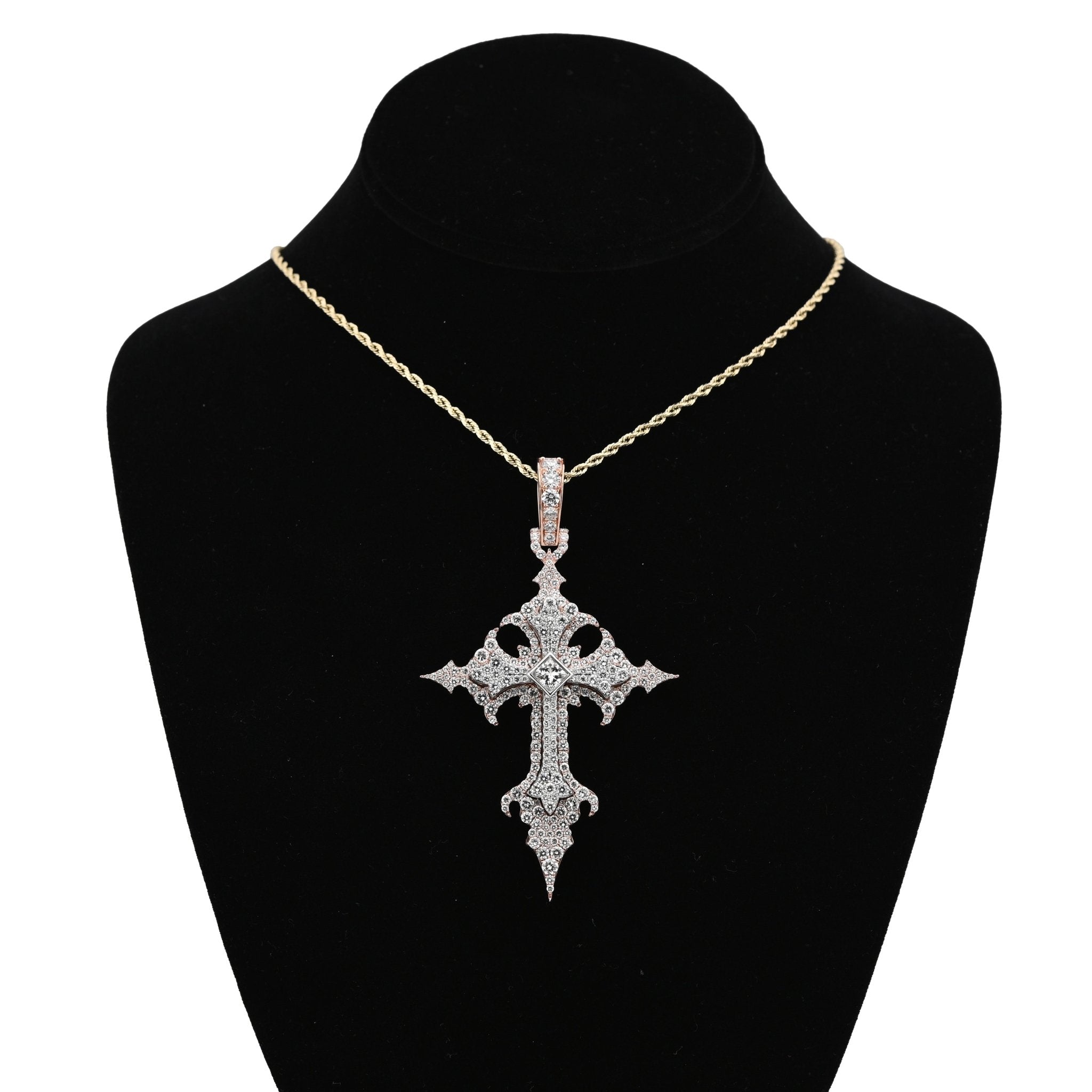 925 Rose Princess Cut Solitaire 7.83CT Lab Diamond Cross Pendant 37.6g Men 3.5" Charm - Elite Jewelers - Charms & Pendants