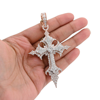 925 Rose Princess Cut Solitaire 7.83CT Lab Diamond Cross Pendant 37.6g Men 3.5" Charm - Elite Jewelers - Charms & Pendants