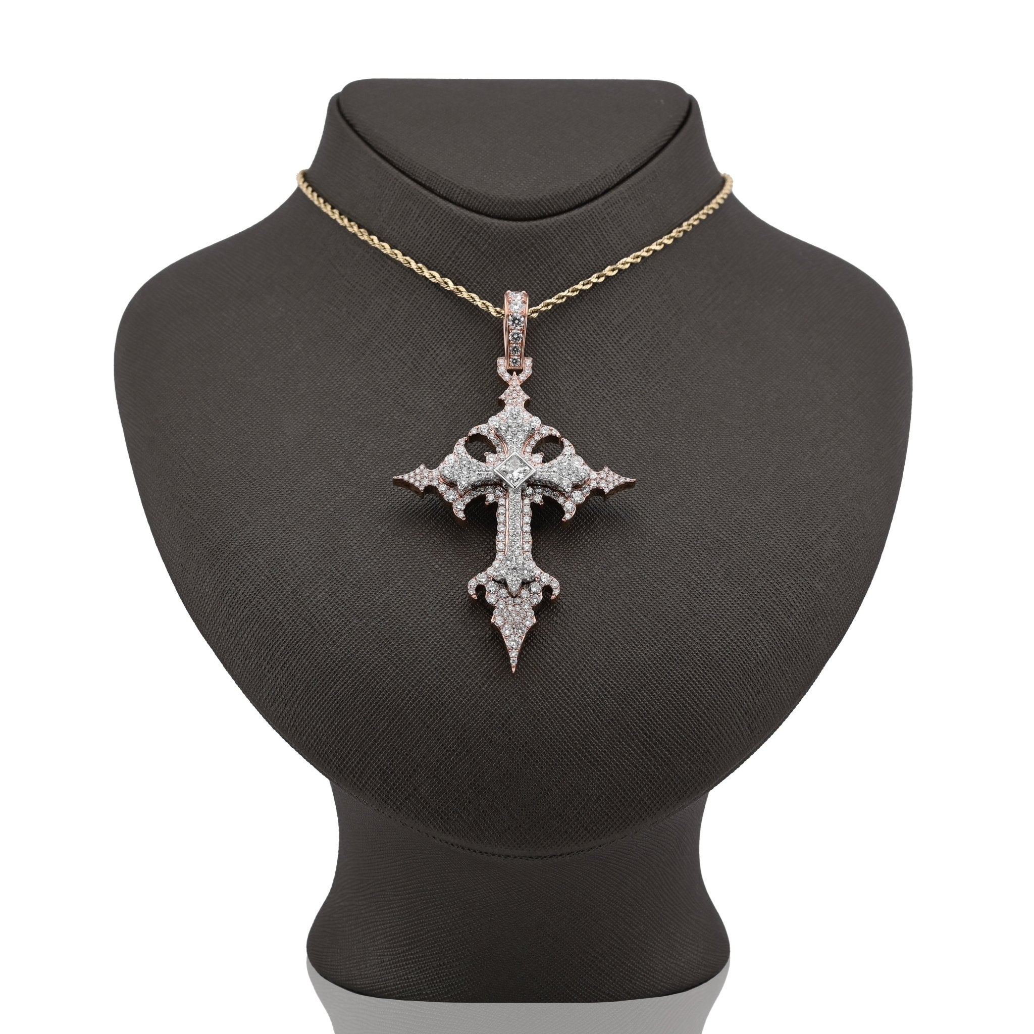 925 Rose Princess Cut Solitaire 7.83CT Lab Diamond Cross Pendant 37.6g Men 3.5" Charm - Elite Jewelers - Charms & Pendants