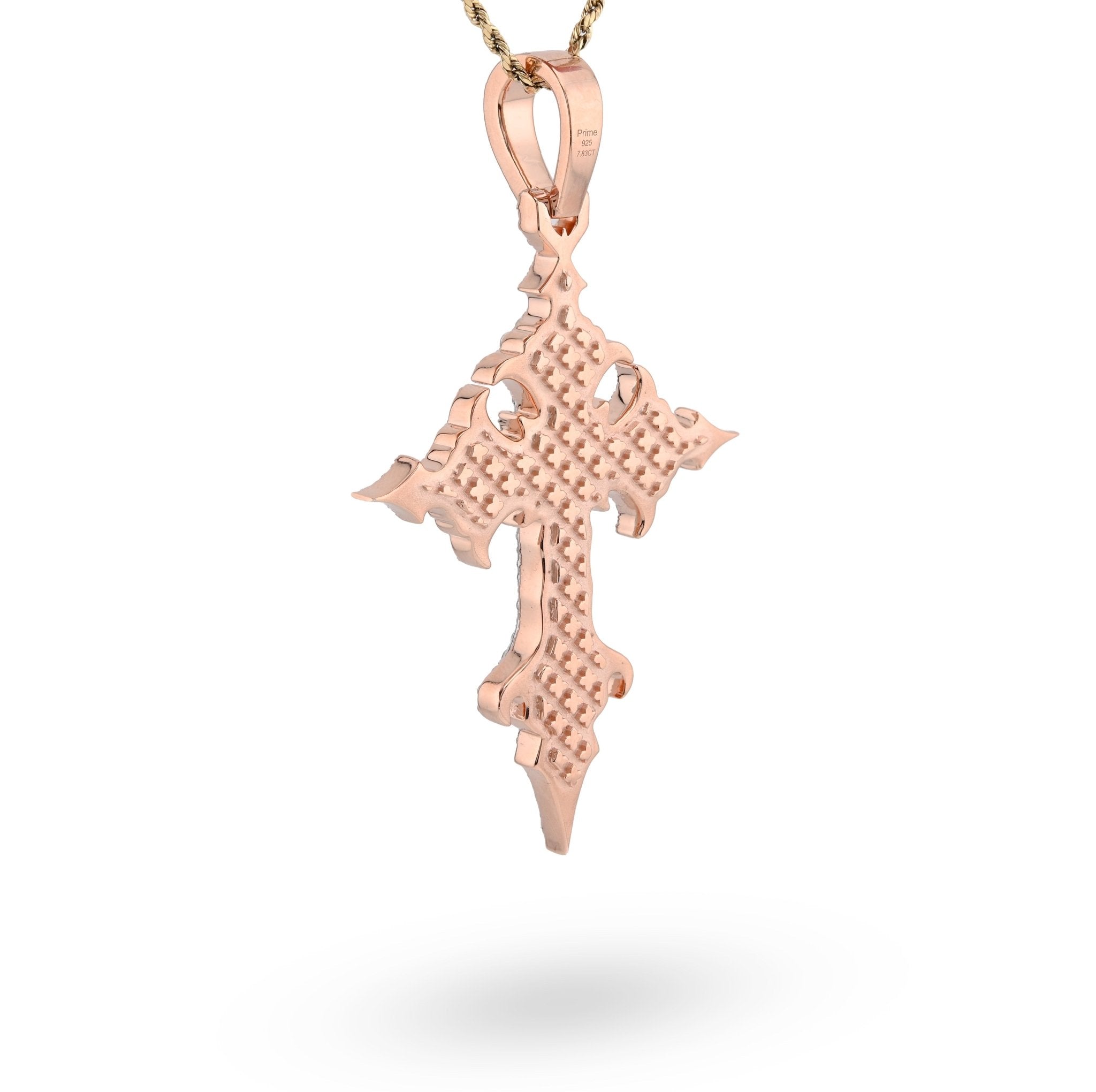 925 Rose Princess Cut Solitaire 7.83CT Lab Diamond Cross Pendant 37.6g Men 3.5" Charm - Elite Jewelers - Charms & Pendants