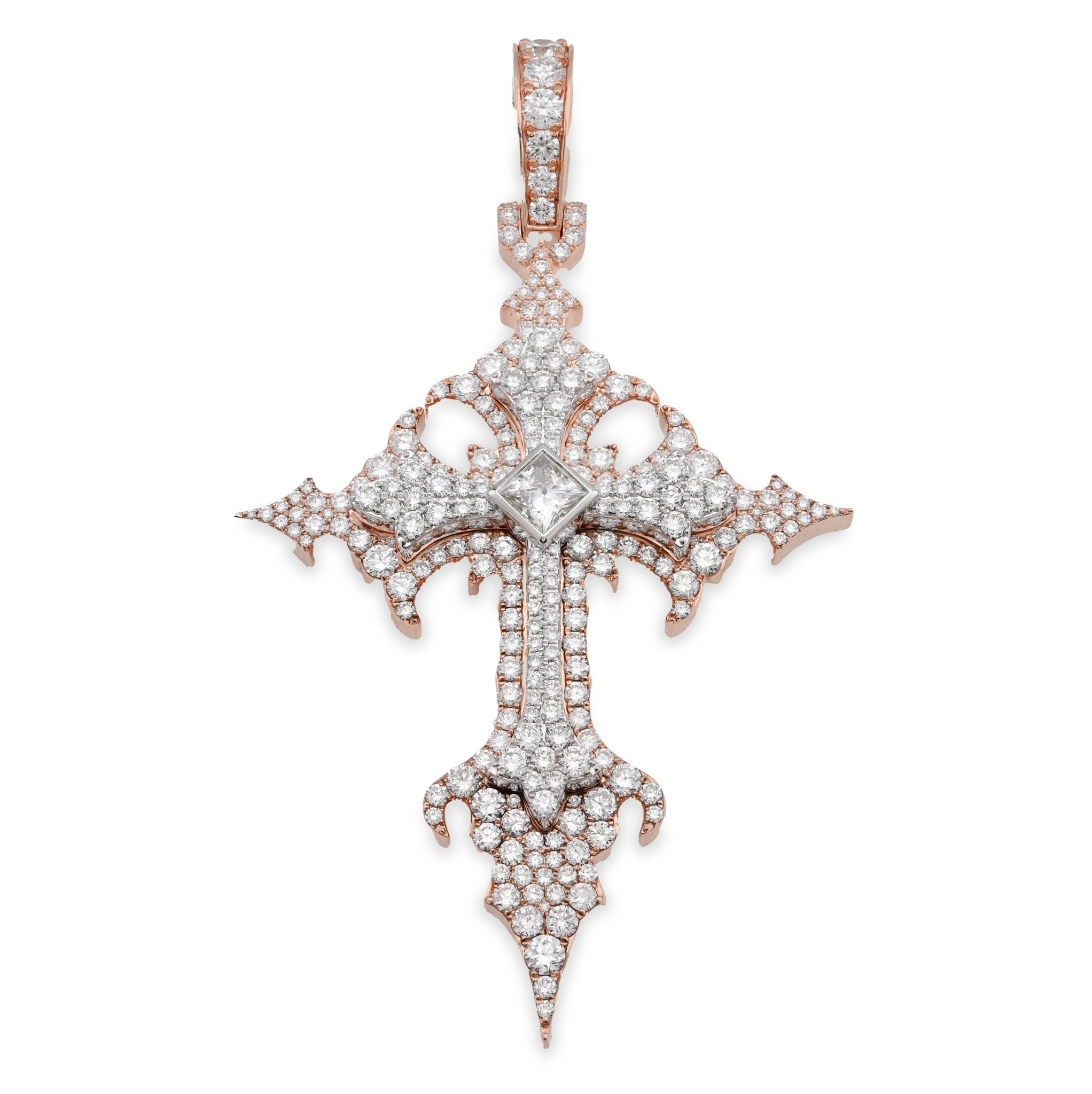 925 Rose Princess Cut Solitaire 7.83CT Lab Diamond Cross Pendant 37.6g Men 3.5" Charm - Elite Jewelers - Charms & Pendants