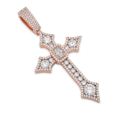 925 Rose Round/Cushion Solitaire Cross Pendant 5.14CT Lab Diamond 2.62" 14.8g Men Charm - Elite Jewelers - Charms & Pendants