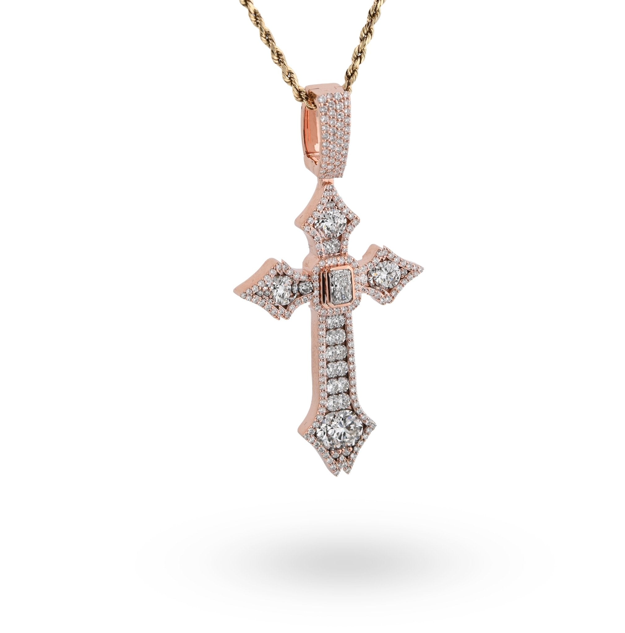 925 Rose Round/Cushion Solitaire Cross Pendant 5.14CT Lab Diamond 2.62" 14.8g Men Charm - Elite Jewelers - Charms & Pendants