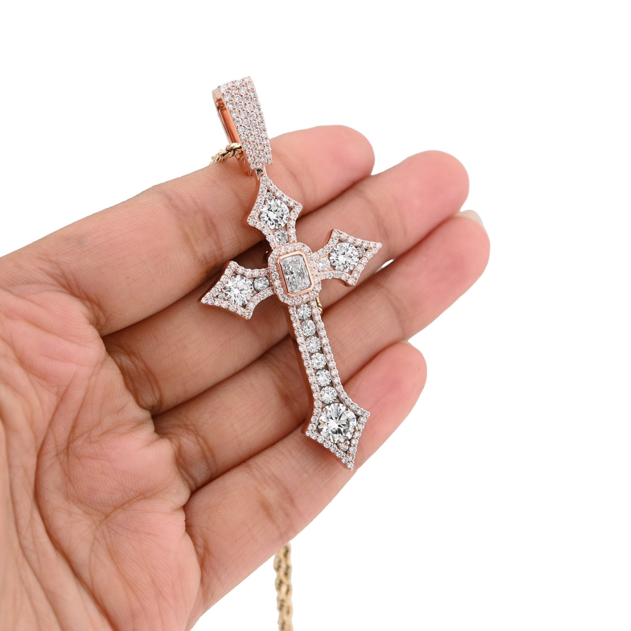 925 Rose Round/Cushion Solitaire Cross Pendant 5.14CT Lab Diamond 2.62" 14.8g Men Charm - Elite Jewelers - Charms & Pendants