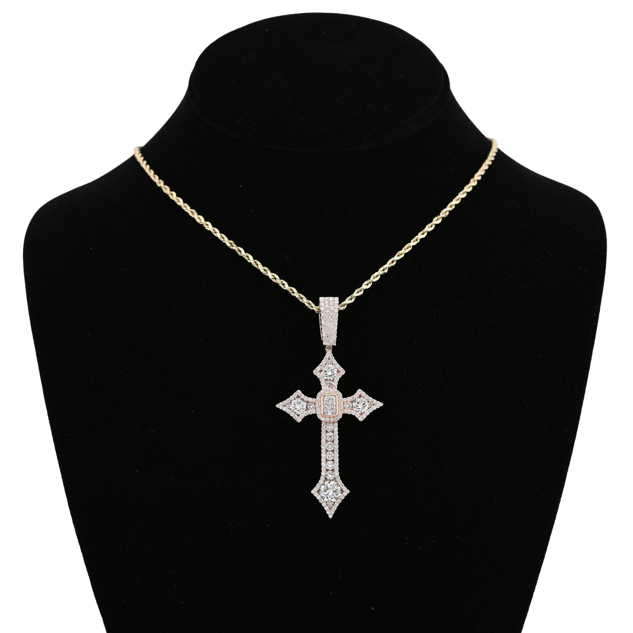 925 Rose Round/Cushion Solitaire Cross Pendant 5.14CT Lab Diamond 2.62" 14.8g Men Charm - Elite Jewelers - Charms & Pendants