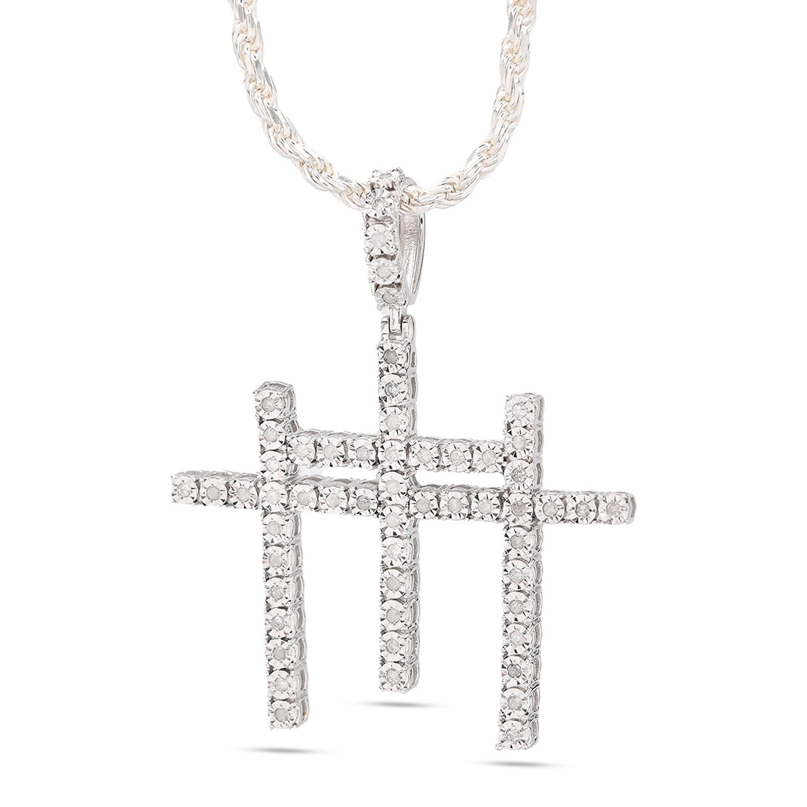925 Silver 0.55 CTW Natural Diamond Religious 3 Cross Pendant 7.7g Mens Charm - Elite Jewelers - Charms & Pendants
