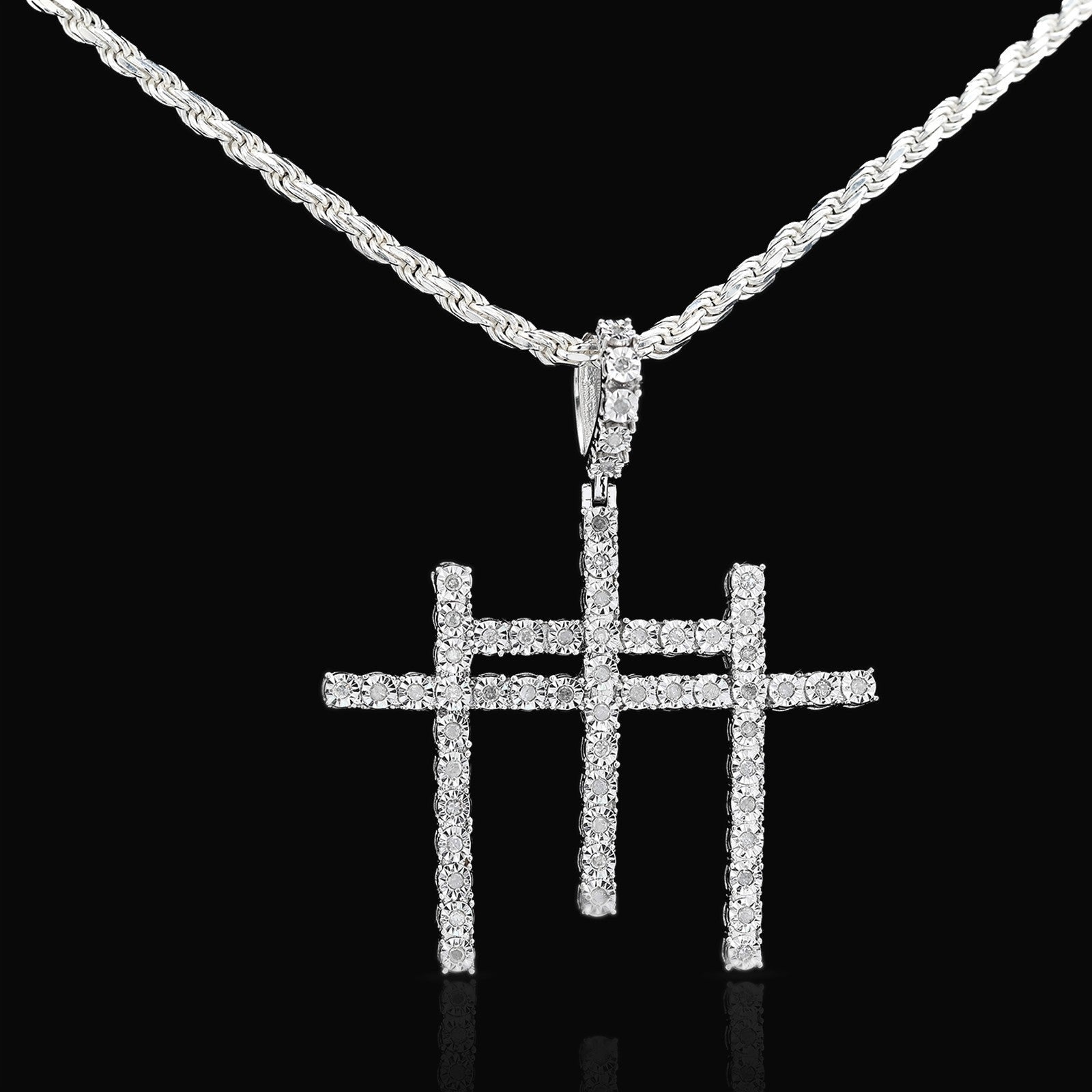 925 Silver 0.55 CTW Natural Diamond Religious 3 Cross Pendant 7.7g Mens Charm - Elite Jewelers - Charms & Pendants