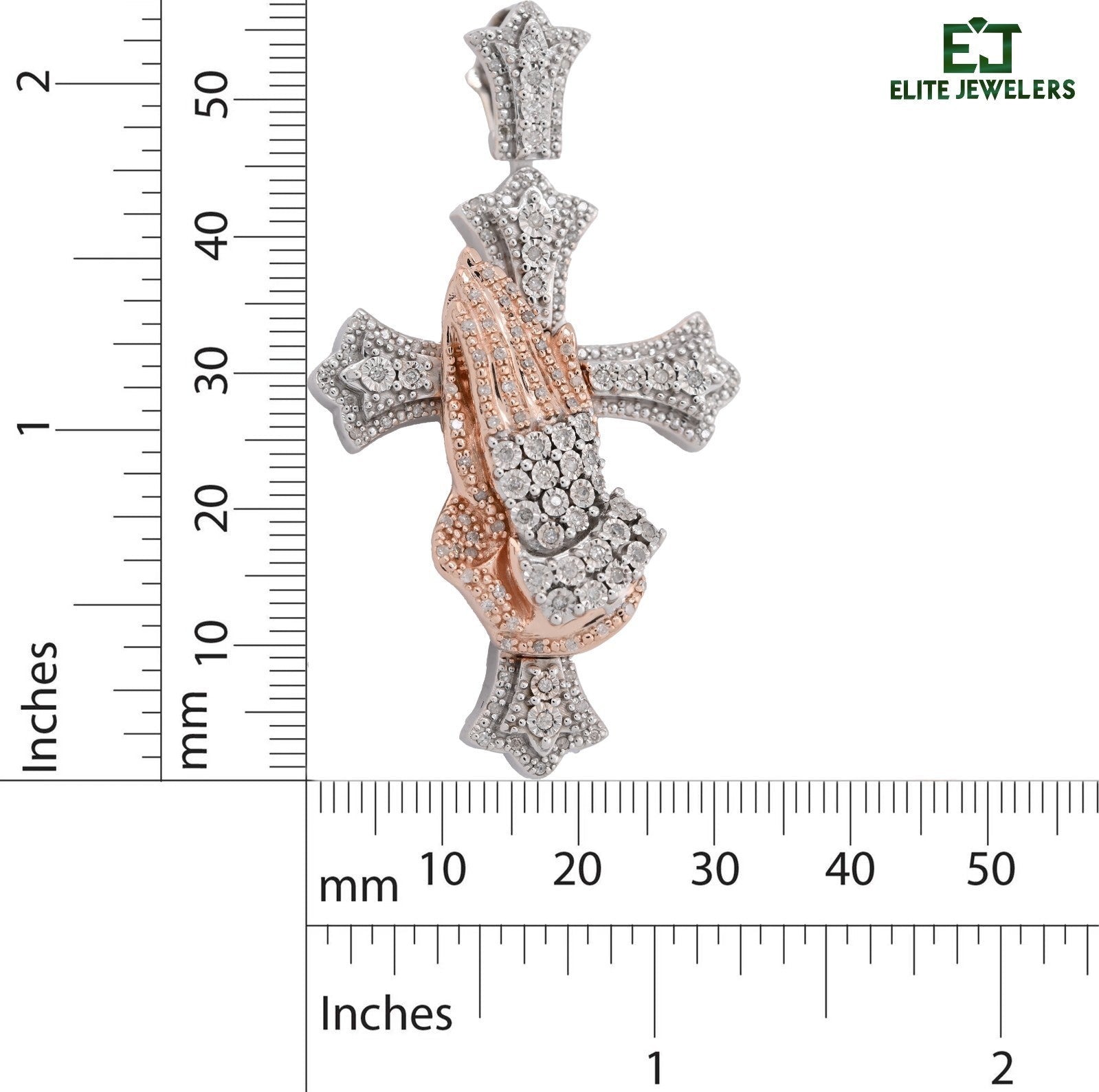 925 Silver 0.6 CTW Natural Diamond Cross with Praying Hands Pendant 16g Charm - Elite Jewelers - Charms & Pendants