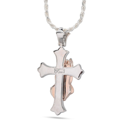 925 Silver 0.6 CTW Natural Diamond Cross with Praying Hands Pendant 16g Charm - Elite Jewelers - Charms & Pendants
