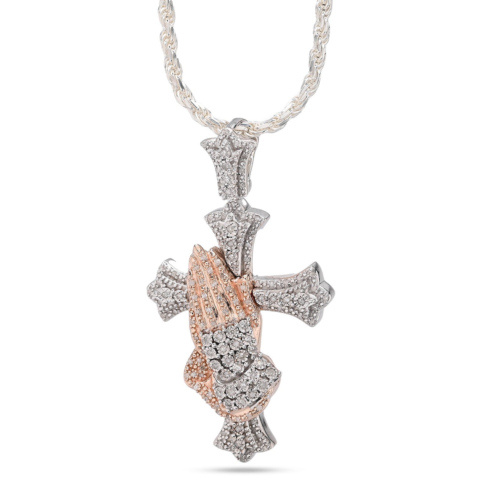 925 Silver 0.6 CTW Natural Diamond Cross with Praying Hands Pendant 16g Charm - Elite Jewelers - Charms & Pendants