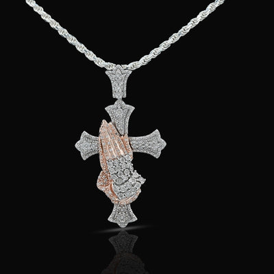 925 Silver 0.6 CTW Natural Diamond Cross with Praying Hands Pendant 16g Charm - Elite Jewelers - Charms & Pendants