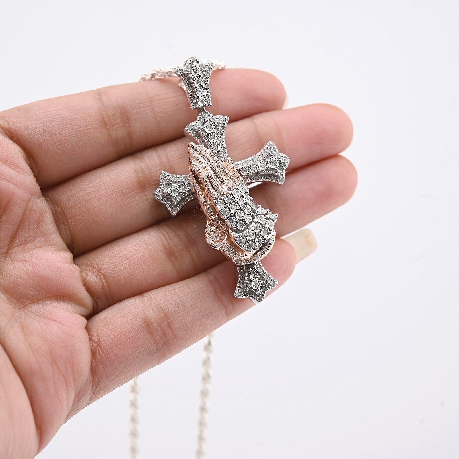 925 Silver 0.6 CTW Natural Diamond Cross with Praying Hands Pendant 16g Charm - Elite Jewelers - Charms & Pendants