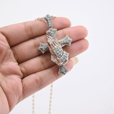 925 Silver 0.6 CTW Natural Diamond Cross with Praying Hands Pendant 16g Charm - Elite Jewelers - Charms & Pendants