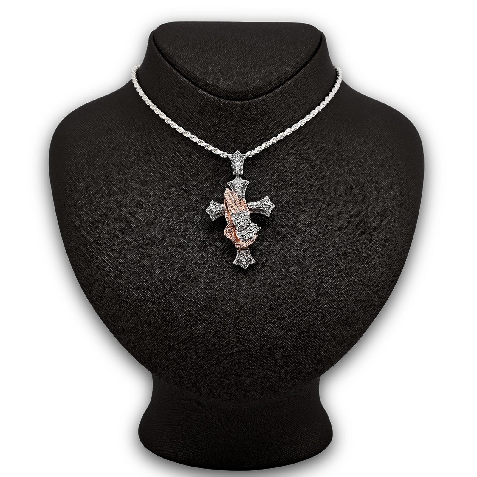 925 Silver 0.6 CTW Natural Diamond Cross with Praying Hands Pendant 16g Charm - Elite Jewelers - Charms & Pendants