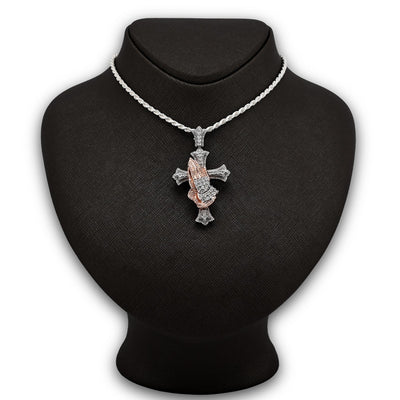 925 Silver 0.6 CTW Natural Diamond Cross with Praying Hands Pendant 16g Charm - Elite Jewelers - Charms & Pendants