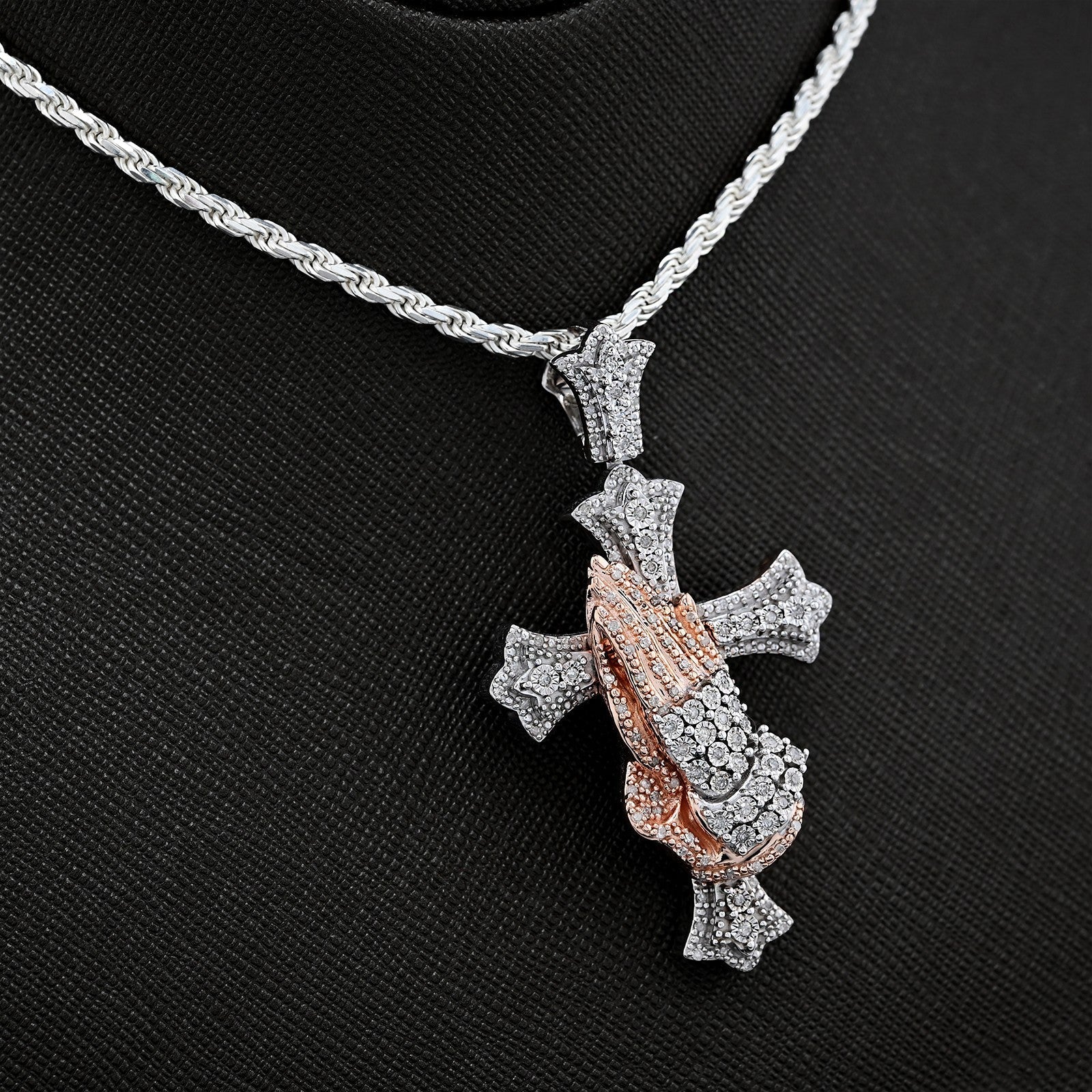 925 Silver 0.6 CTW Natural Diamond Cross with Praying Hands Pendant 16g Charm - Elite Jewelers - Charms & Pendants