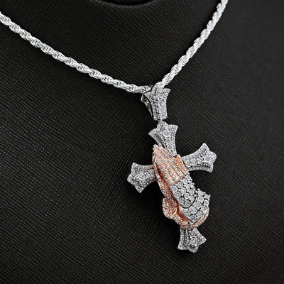 925 Silver 0.6 CTW Natural Diamond Cross with Praying Hands Pendant 16g Charm - Elite Jewelers - Charms & Pendants