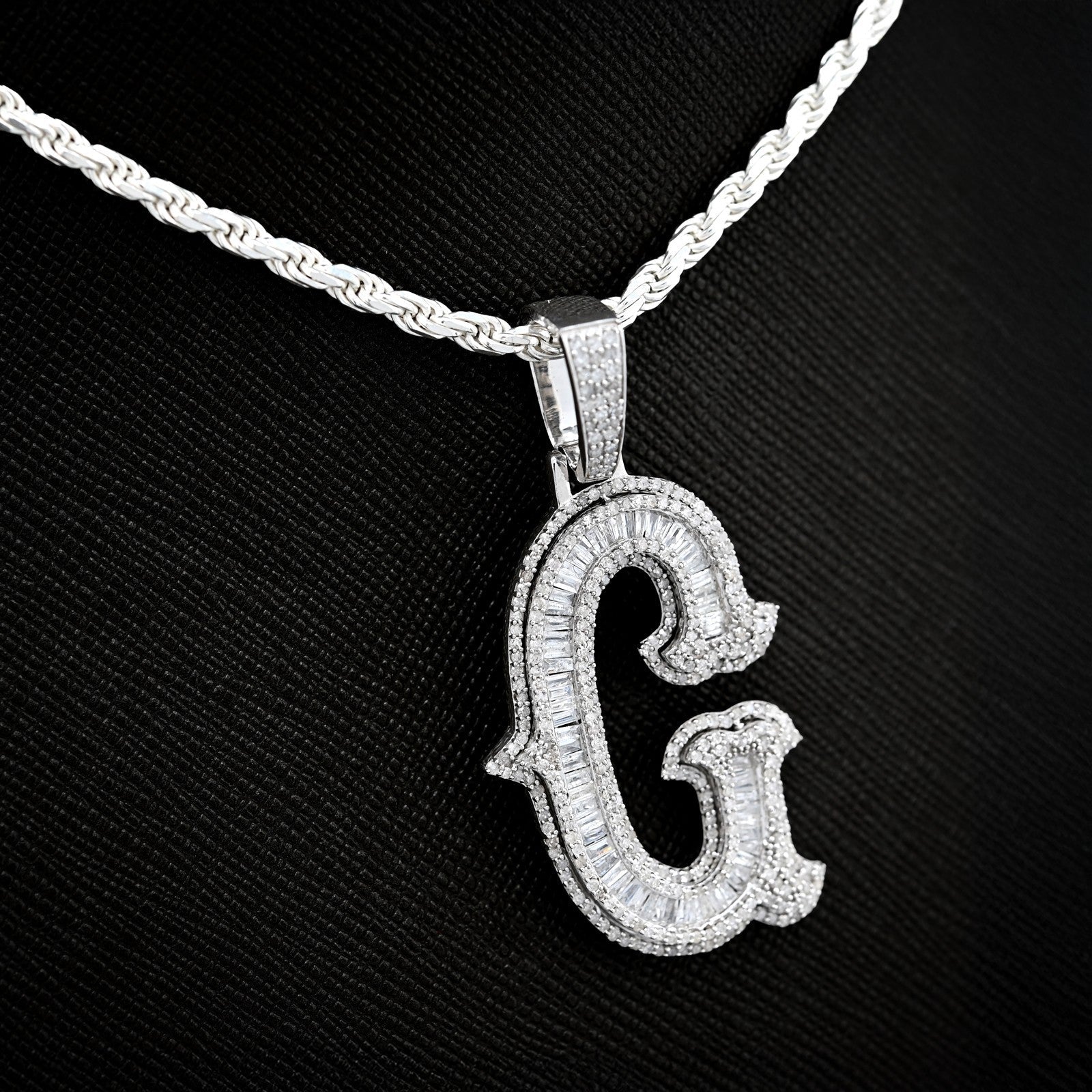 925 Silver 1.75CTW Natural Diamond Round/Baguette Initial "G" Pendant 8.5g Charm - Elite Jewelers - Charms & Pendants