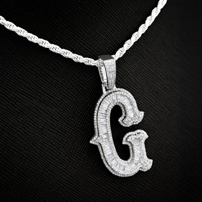 925 Silver 1.75CTW Natural Diamond Round/Baguette Initial "G" Pendant 8.5g Charm - Elite Jewelers - Charms & Pendants