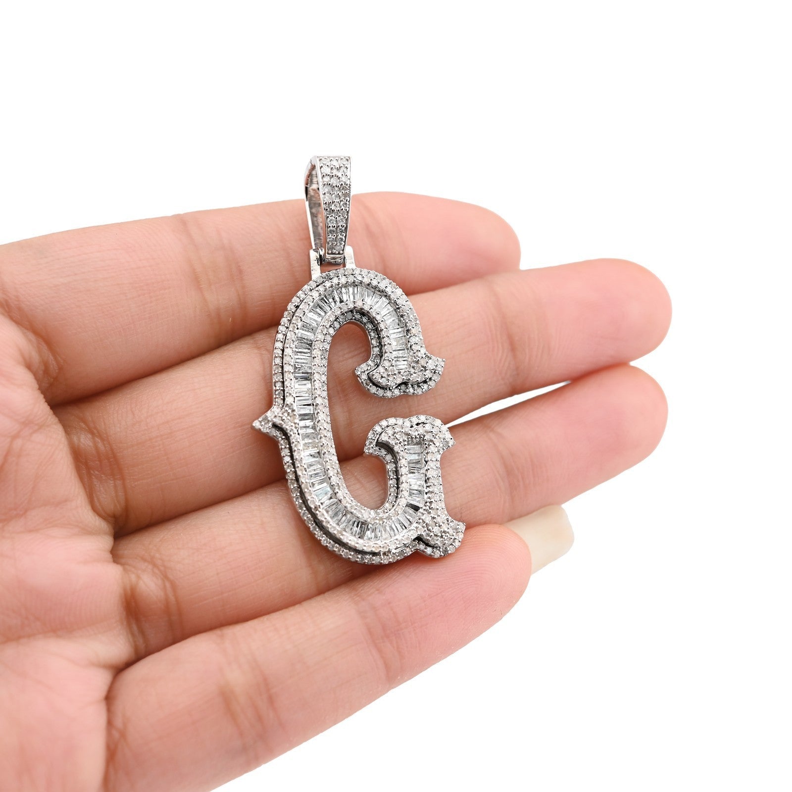 925 Silver 1.75CTW Natural Diamond Round/Baguette Initial "G" Pendant 8.5g Charm - Elite Jewelers - Charms & Pendants