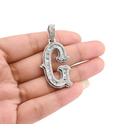 925 Silver 1.75CTW Natural Diamond Round/Baguette Initial "G" Pendant 8.5g Charm - Elite Jewelers - Charms & Pendants