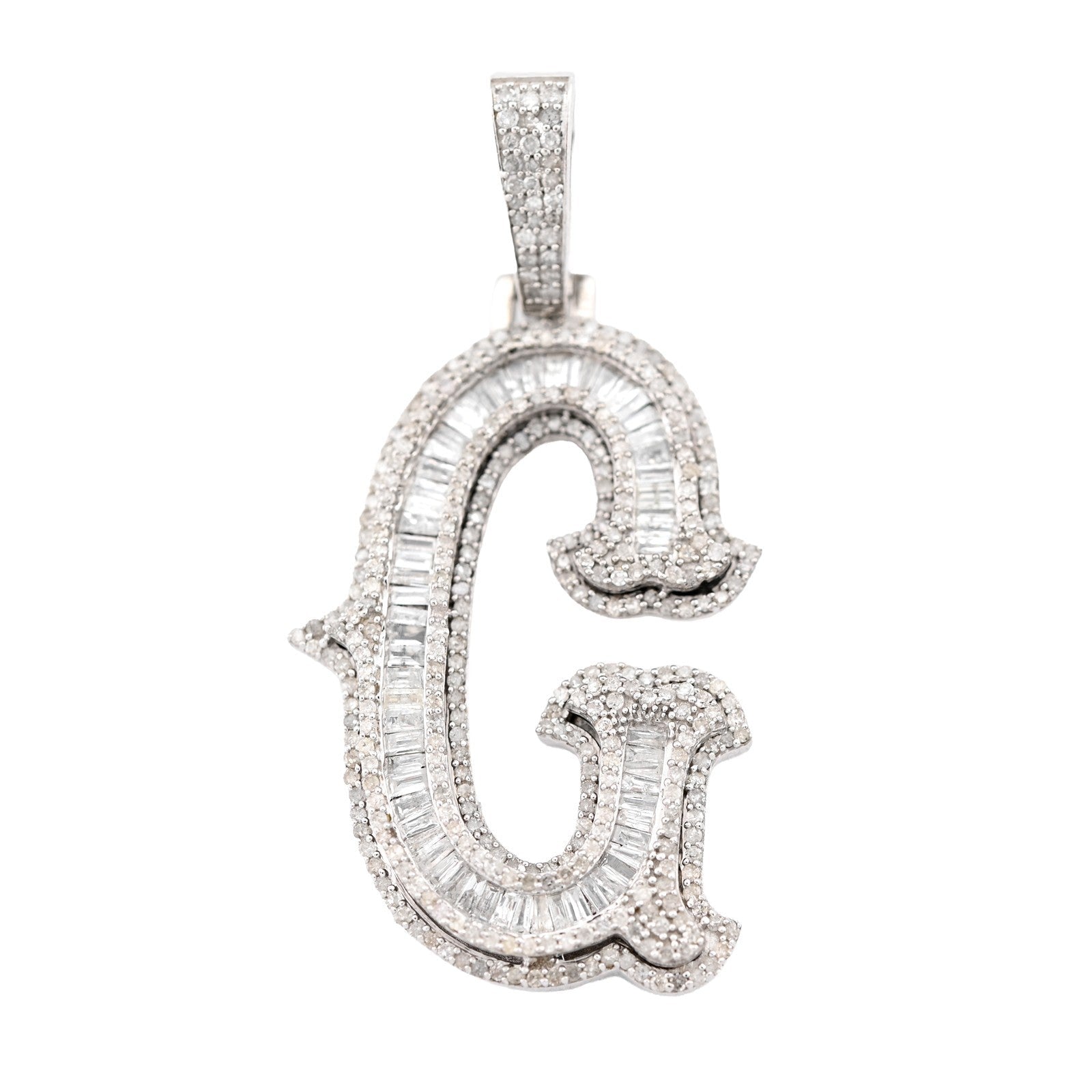 925 Silver 1.75CTW Natural Diamond Round/Baguette Initial "G" Pendant 8.5g Charm - Elite Jewelers - Charms & Pendants