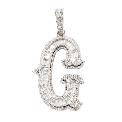 925 Silver 1.75CTW Natural Diamond Round/Baguette Initial "G" Pendant 8.5g Charm - Elite Jewelers - Charms & Pendants