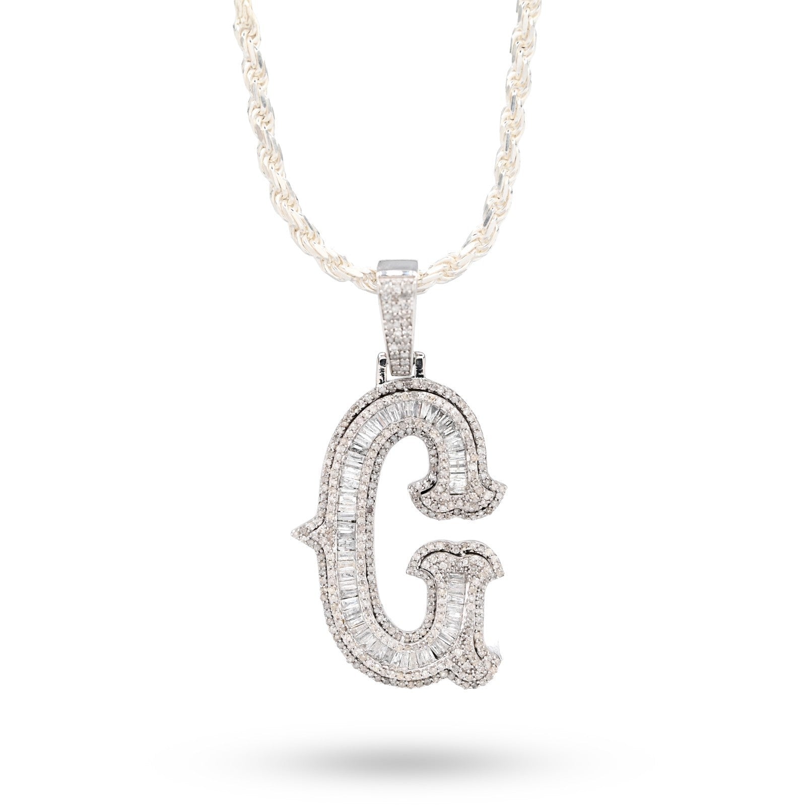925 Silver 1.75CTW Natural Diamond Round/Baguette Initial "G" Pendant 8.5g Charm - Elite Jewelers - Charms & Pendants